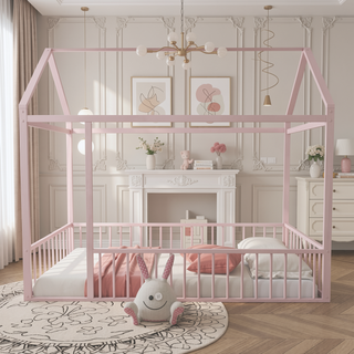 Sunvega Full Size Playhouse Metal Bed Frame with Fence for Kids and Teens
