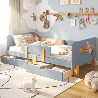 Sunvega Twin Size Solid Wood Platform Bed with Storage Drawers and Guardrail