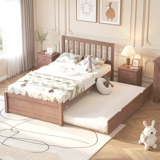 Sunvega Modern Walnut Twin Size Platform Bed Frame with Trundle for Space Saving