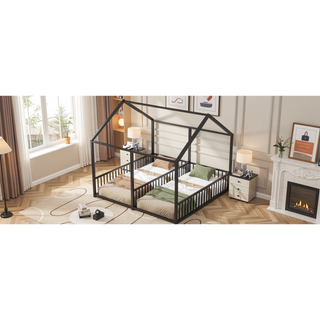 Sunvega Sturdy Metal Twin Size House Platform Beds with Guardrails