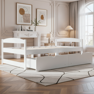 Sunvega White Twin Size Platform Bed with Trundle and Headboard Footboard