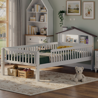 Sunvega Twin Size House Shaped Wood Platform Bed with LED and Built-in Storage