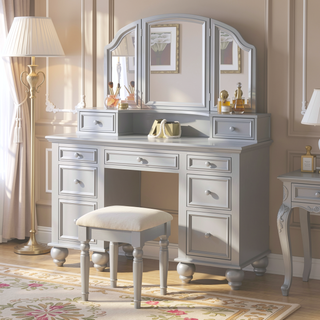 Sunvega Silver Transitional Vanity Set with Stool and 3-Sided Mirror