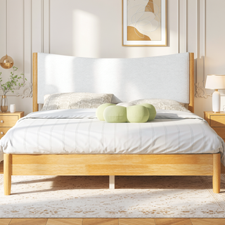 Sunvega Queen Size Boucle Upholstered Headboard Solid Rubber Wood Bed with Support Feet