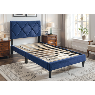 Sunvega Navy Blue Velvet Upholstered Twin Size Bed with Tufted Headboard