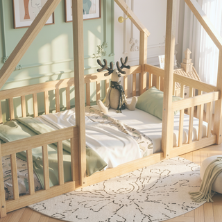 Sunvega Twin Wood House Floor Bed with Guardrail Fence in Grey