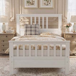 Sunvega White Wood Platform Bed with Headboard Footboard and Slat Support