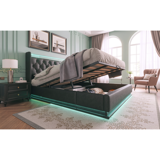 Sunvega Full Size Upholstered Bed with 360 LED Lighting Hydraulic Storage and USB Charging