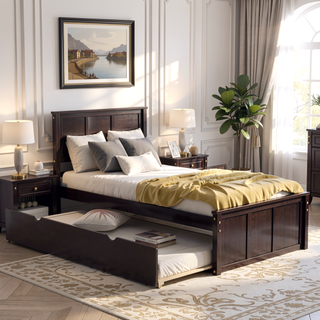 Sunvega Twin Size Platform Bed with Trundle in Espresso Made of Solid Wood