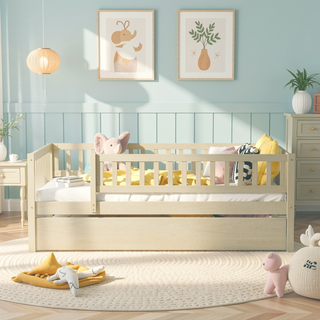 Sunvega Natural Twin Size Wood Daybed with Trundle and Fence Guardrails
