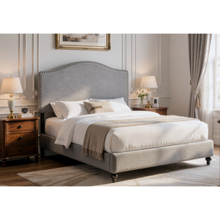 Sunvega Upholstered Arched Top Headboard in Grey Linen Look with Chrome Nailhead Trim