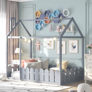 Sunvega Twin Size House Bed Frame with Fence and Roof for Kids and Teens