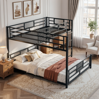 Sunvega L-Shaped Metal Twin Over Full Bunk Bed with Guard Rails