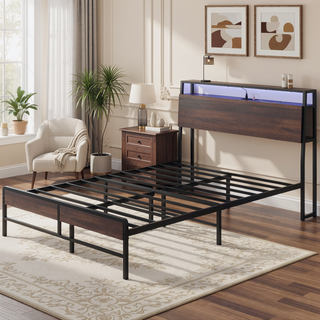 Sunvega Full Size Bed Frame with LED Lights Headboard Charging Station and Storage Shelf