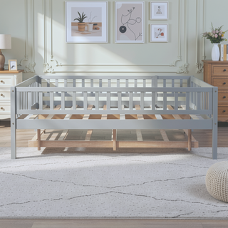Sunvega Natural Twin Size Wood Daybed with Trundle and Fence Guardrails