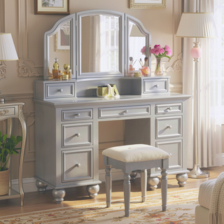 Sunvega Silver Transitional Vanity Set with Stool and 3-Sided Mirror