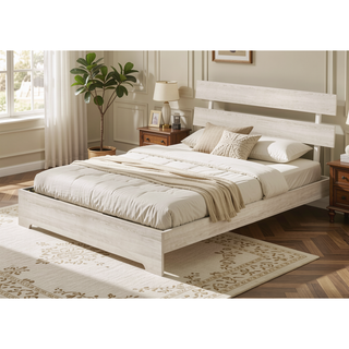 Sunvega Rustic Contemporary Platform Bed Frame with White Wash Finish and Slat Headboard