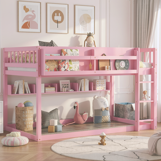 Sunvega Low Twin Over Twin Solid Wood Bunk Bed with Ladder for Kids & Juniors