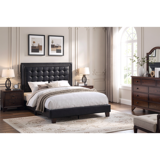 Sunvega Queen Size Bed with Biscuit Tufting Headboard and Wooden Legs in Black Espresso