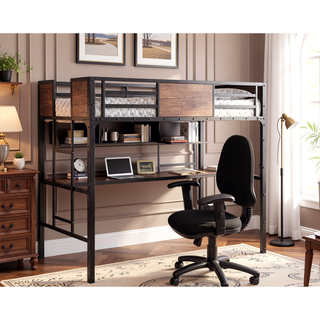 Sunvega Industrial Twin Over Workstation Bunk Bed With Wood Panels And Nailhead Trim