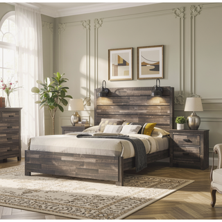 Sunvega Rustic Weathered Brown King Size Platform Bed with Decking Headboard and Lamps
