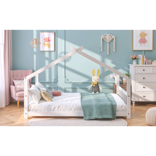Sunvega White Full Size House Bed with Playhouse Design and Pinewood Frame