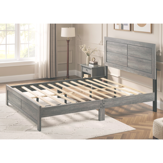 Sunvega Queen Size Platform Bed with Clean-lined Headboard in Gray Wood Grain Finish