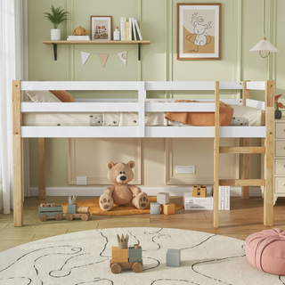 Sunvega Espresso Rubber Wood Low Height Loft Bed with Ladder for Bedroom