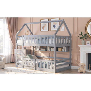 Sunvega Twin over Twin House Bunk Bed with Fence and Door in Gray