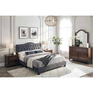 Sunvega European Queen Size Bed with Button Tufted Headboard and Charcoal Finish