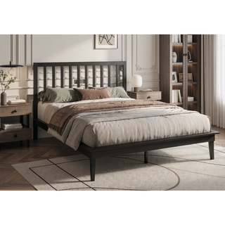 Sunvega Contemporary Queen Size Platform Bed with Black Wood Frame and Legs