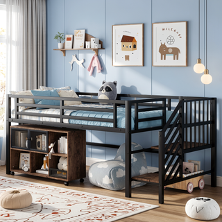 Sunvega Low Twin Metal Loft Bed with Stairs and 6 Rolling Storage Cubbies for Kids