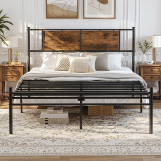 Sunvega King Size Metal Bedframe with Wood Panel Headboard and Under Storage