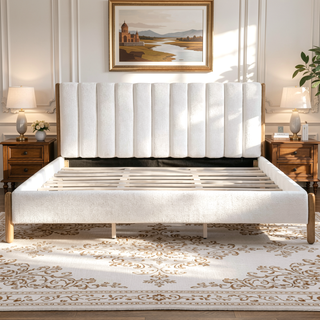 Sunvega King Size Bed Frame with Boucle Upholstered Headboard and Solid Wood Legs