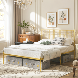 Sunvega Queen Size Metal Platform Bed Frame with Iron-Art Headboard and Under Bed Storage