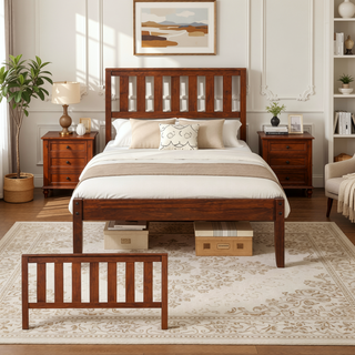 Sunvega Solid Pine Wood Platform Bed with Headboard and Slat Support Twin Walnut
