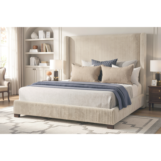 Sunvega Queen Upholstered Pleated Bed in a Box with Sturdy Dark Brown Frame