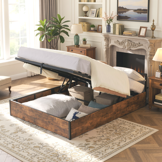 Sunvega Full Size Lift Up Storage Bed Frame with Bookcase Headboard and LED Lights