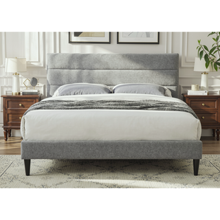 Sunvega Queen Upholstered Pleated Bed in a Box with Sturdy Dark Brown Frame