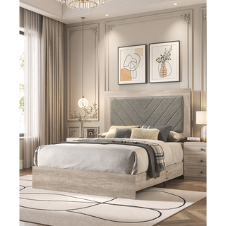 Sunvega Contemporary Cream Queen Size Bed with V-Design Headboard in Gray