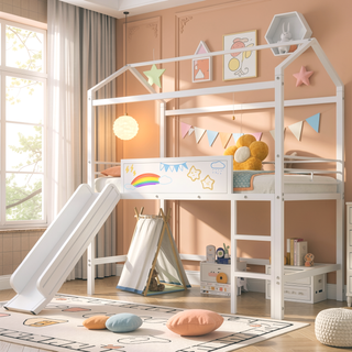 Sunvega Twin Size Metal Loft Bed with Slide and Two-Sided Writable Wooden Board