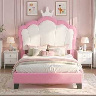 Sunvega Cream Pink Full Size Princess Bed with Crown Headboard and Footboard