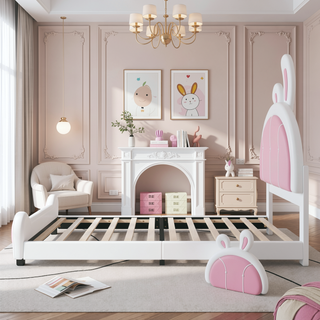 Sunvega Cute Rabbit Shaped Upholstered Twin Size Platform Bed with Sturdy Wood Construction