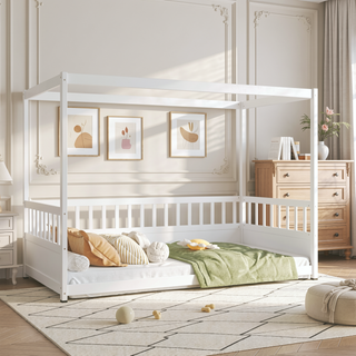 Sunvega Twin Size Floor Bed with Canopy Design and Guardrails for Kids