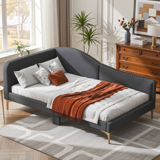 Sunvega Modern Upholstered Twin Daybed with Headboard Armrest Linen Fabric