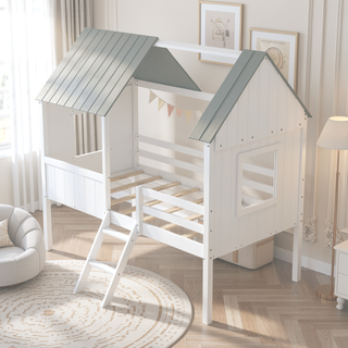 Sunvega Twin Size Low Loft Wood House Bed with Two Side Windows in White and Gray