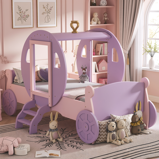 Sunvega Twin Size Princess Carriage Bed with Crown Wood Platform and Stair