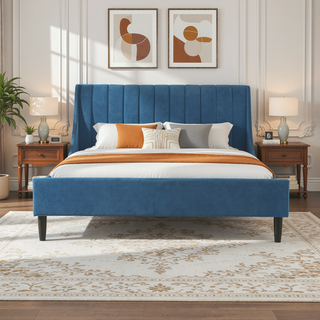 Sunvega Handmade Vertical Tufted Headboard Platform Bed Set in Light Beige Linen
