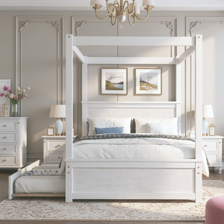 Sunvega Modern Wooden Canopy Bed with Trundle and Brushed White Finish