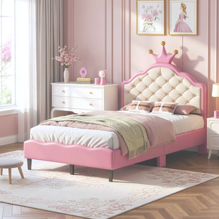 Sunvega Lovely Crown Fantasy PU Leather Princess Bed with Tufted Headboard